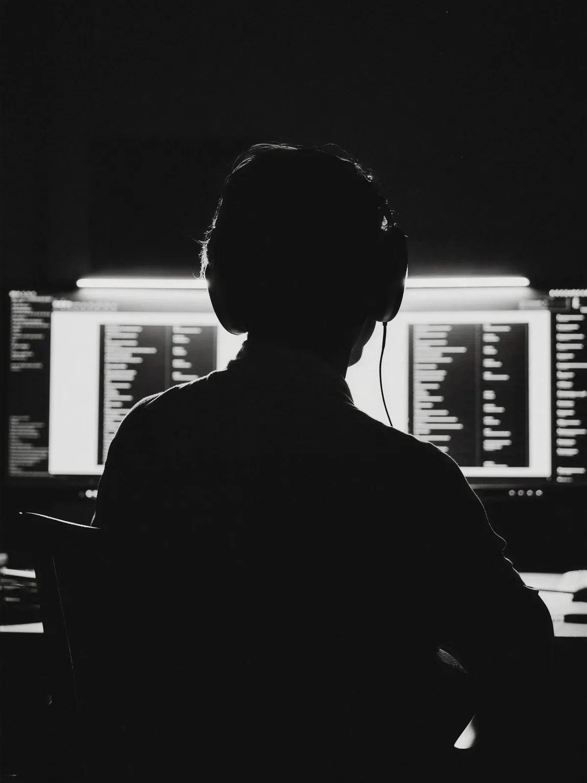 Silhouette of a developer at a workstation, lit by monitor glow